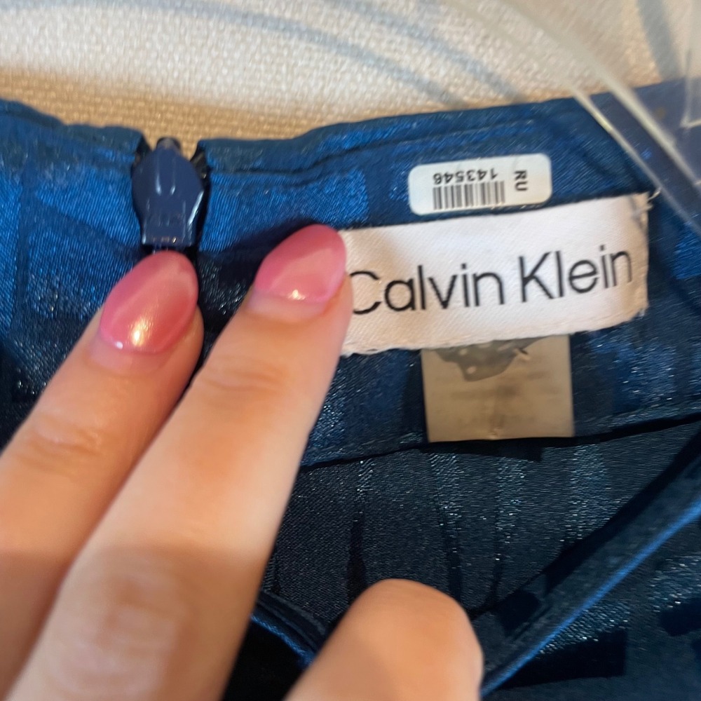 Calvin Klein Teal Blue Geometric Jacquard Short Sleeve Blouse High Neck Top - Picture 3 of 8
